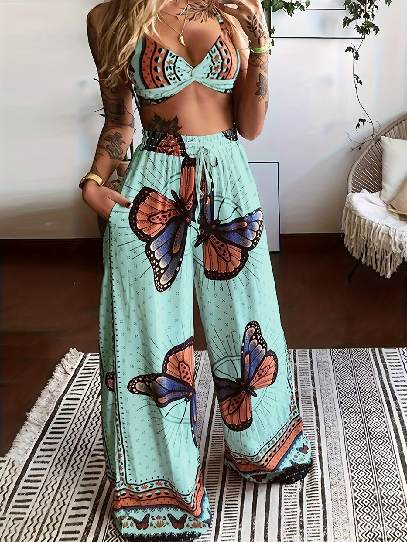 Boho Butterfly Print Crop Cami Top and Wide Leg Pants Set