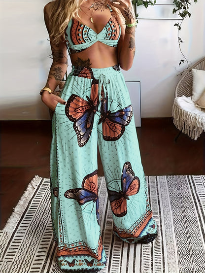 Boho Butterfly Print Crop Cami Top and Wide Leg Pants Set