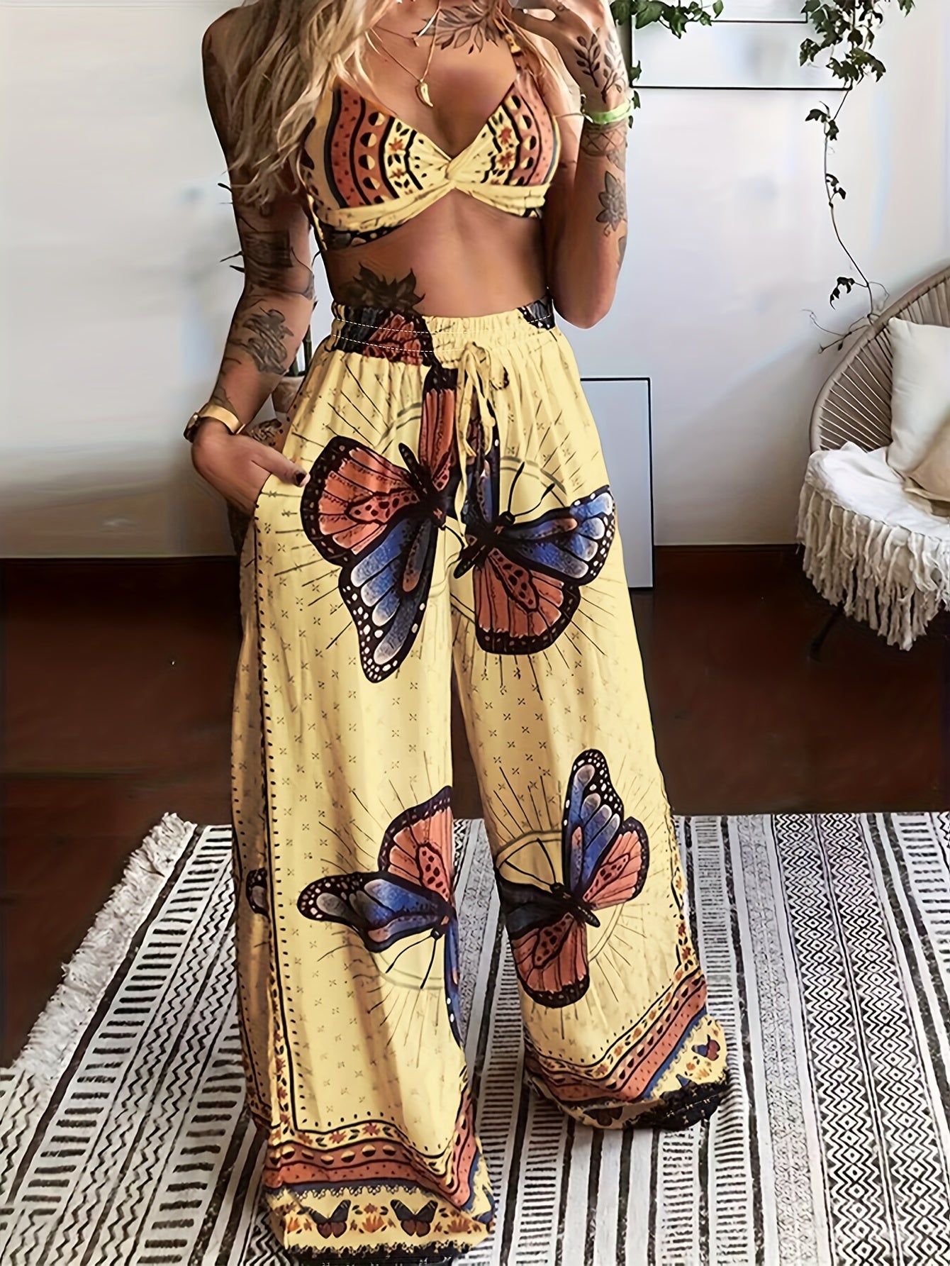 Boho Butterfly Print Crop Cami Top and Wide Leg Pants Set