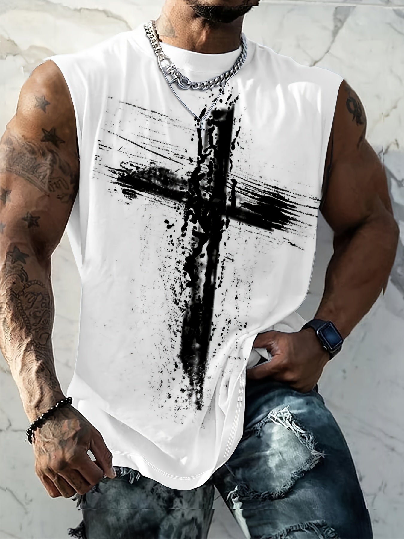 Men's Cross Print Loose Tank Top