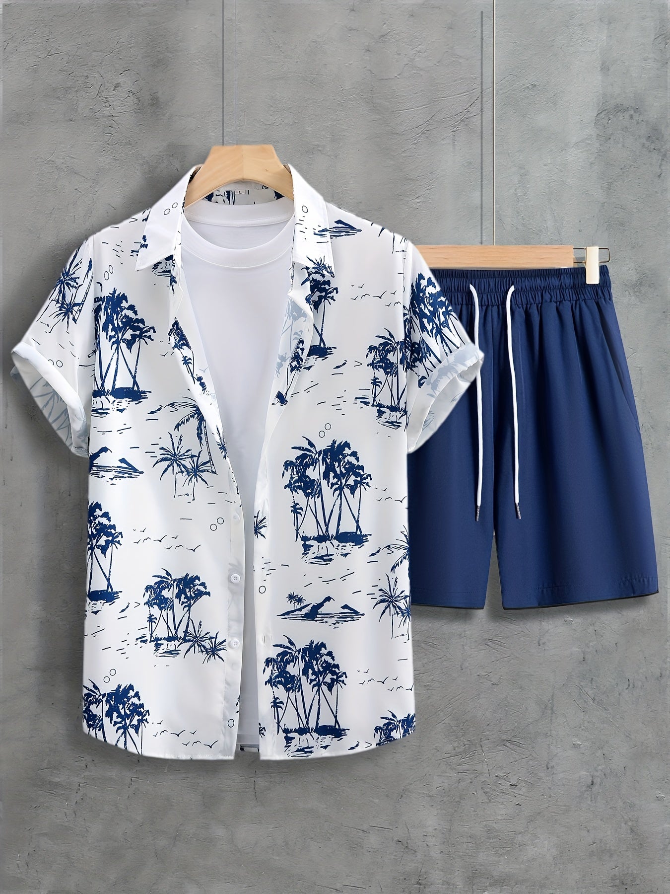 Coconut Trees blue, Men's 2pcs, Short Sleeve Graphic Print Button Up Shirt and Drawstring Shorts Set